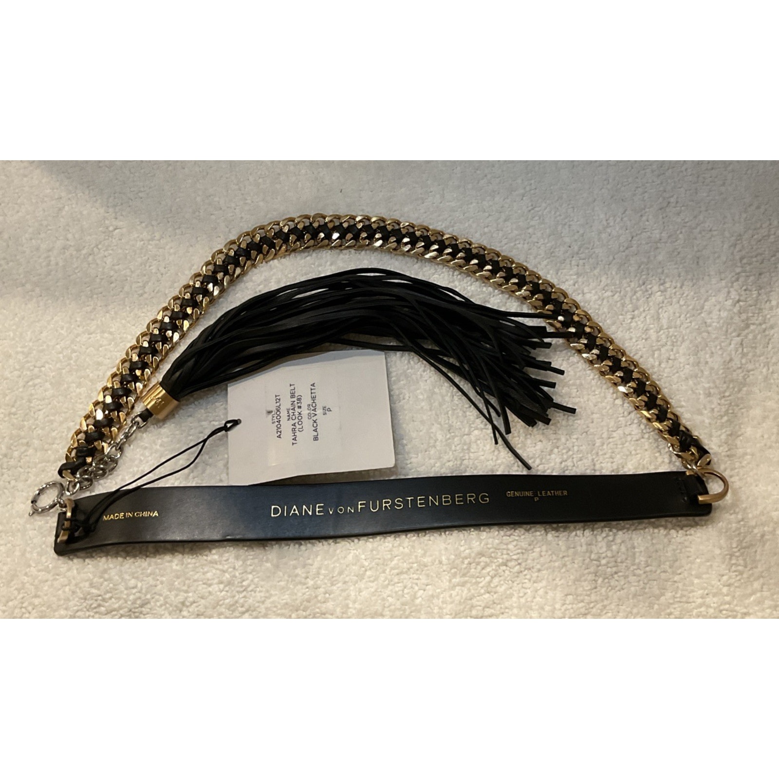 New Diane Von Furstenberg Black Leather And Metal Chain Belt Size P